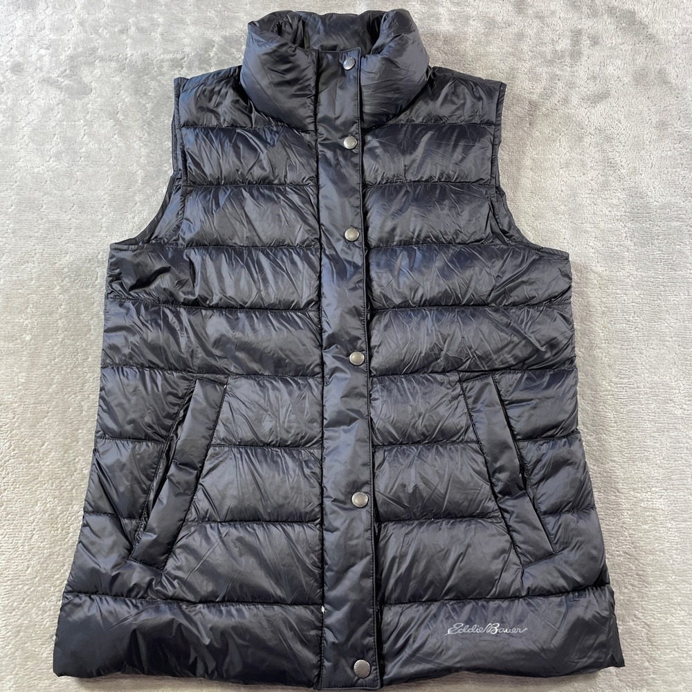 Eddie Bauer Down Puffer Vest Womens Small Black Snap Front‎ Quilted Outdoor Fall